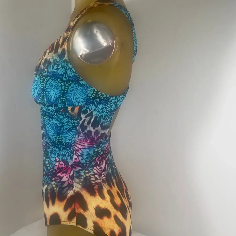Venus Jungle Party One-Piece Swimsuit V-Neck Gold Ring Animal Print Womens 12